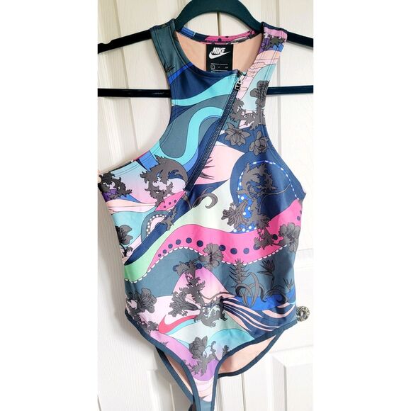 Nike M Women's Bodysuit Swimsuit Graphic Multicolor Slvless Hig‎ Neck Zip NWT - Picture 2 of 11